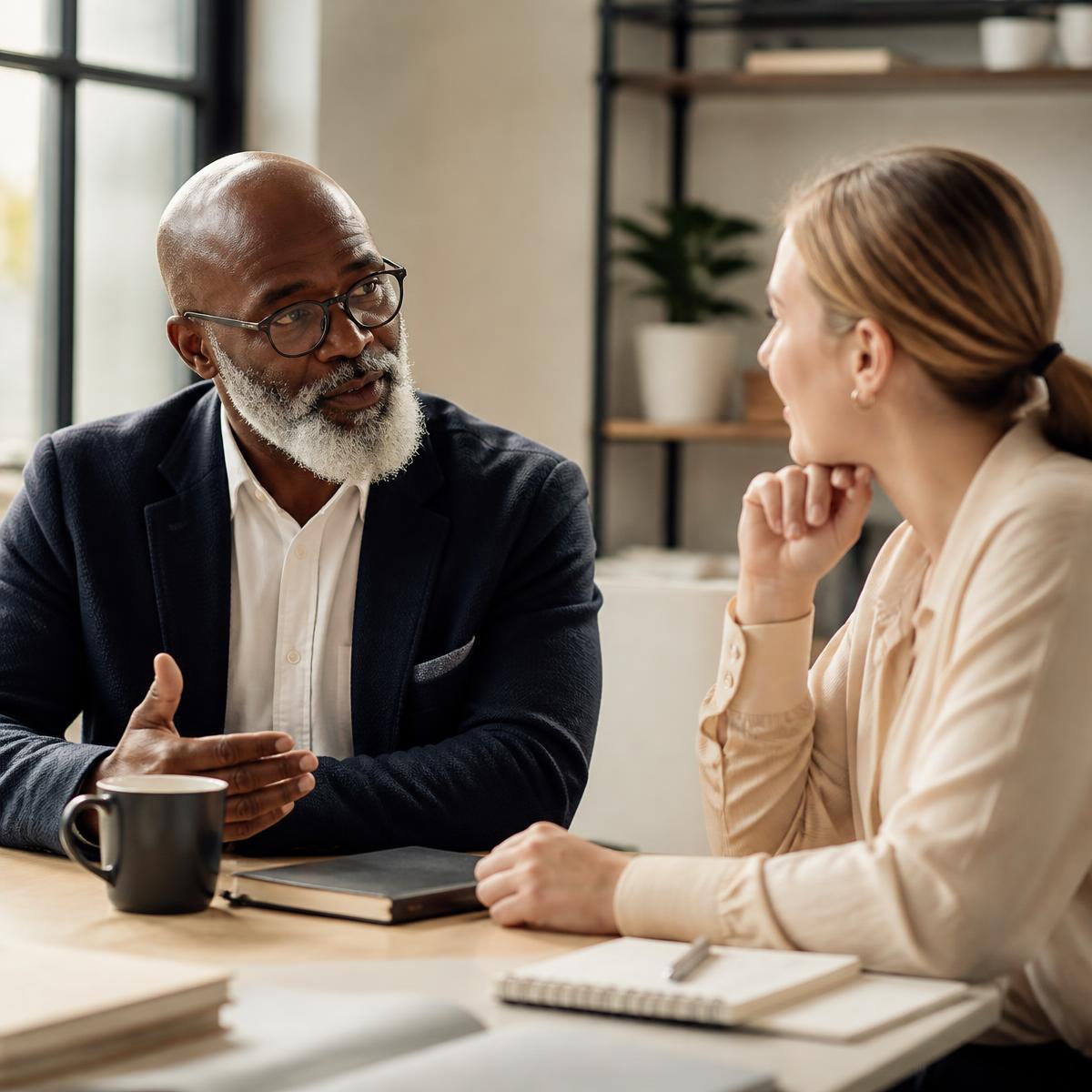 A senior colleague in conversation with a younger professional at an office table