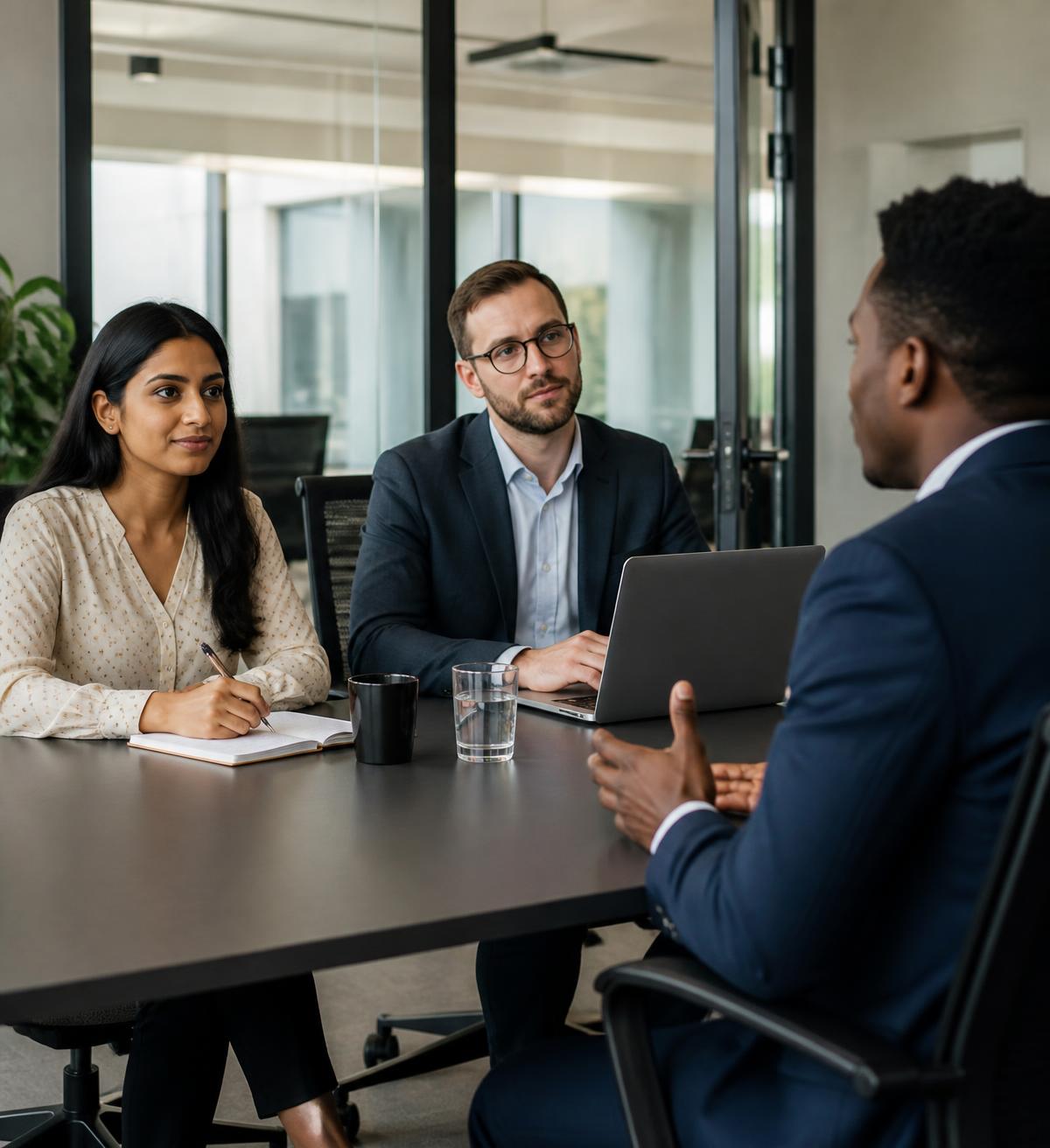 Two employers interviewing a candidate across a table in a glass-walled meeting room