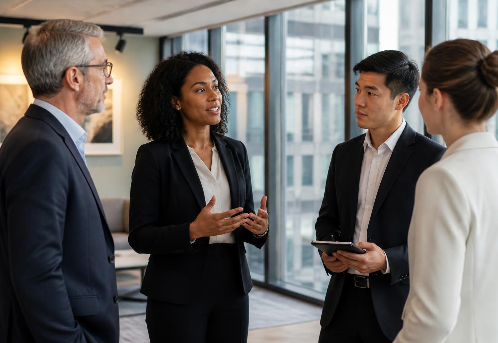 Four colleagues in business attire in conversation beside the windows of a modern office