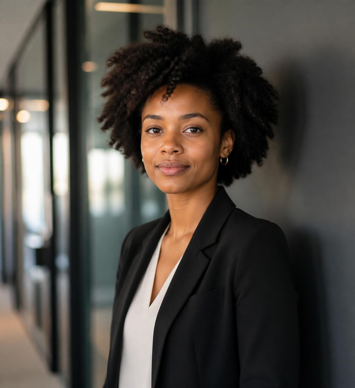 A confident professional standing in the corridor of a contemporary office