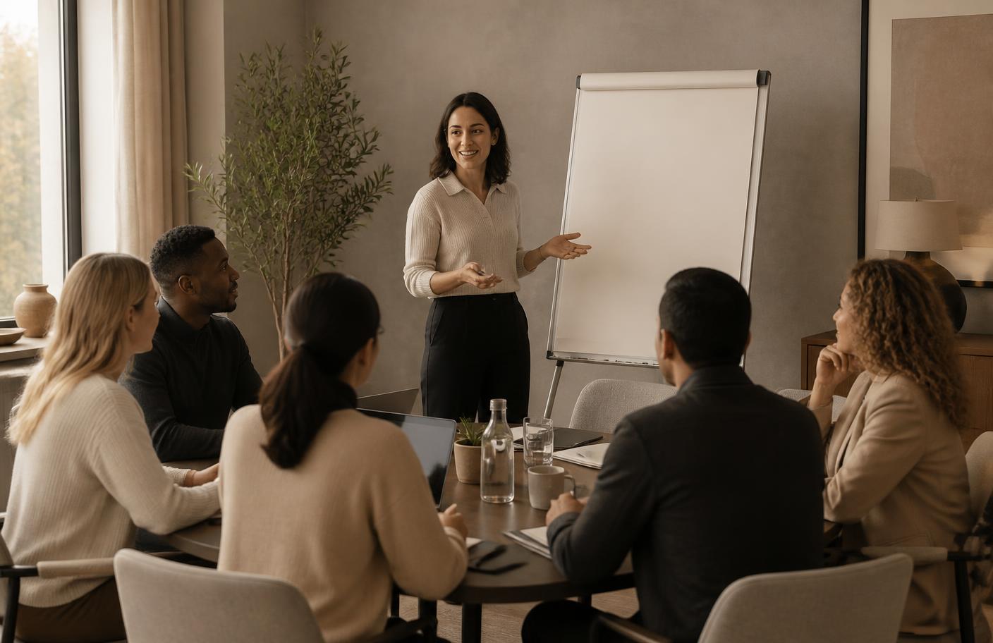 A facilitator leading a small professional development workshop around a table